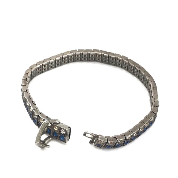 Art Deco Antique Sterling Silver Diamonbar Blue 2 Row Rhinestone Buckle Bracelet - Picture 3 of 9